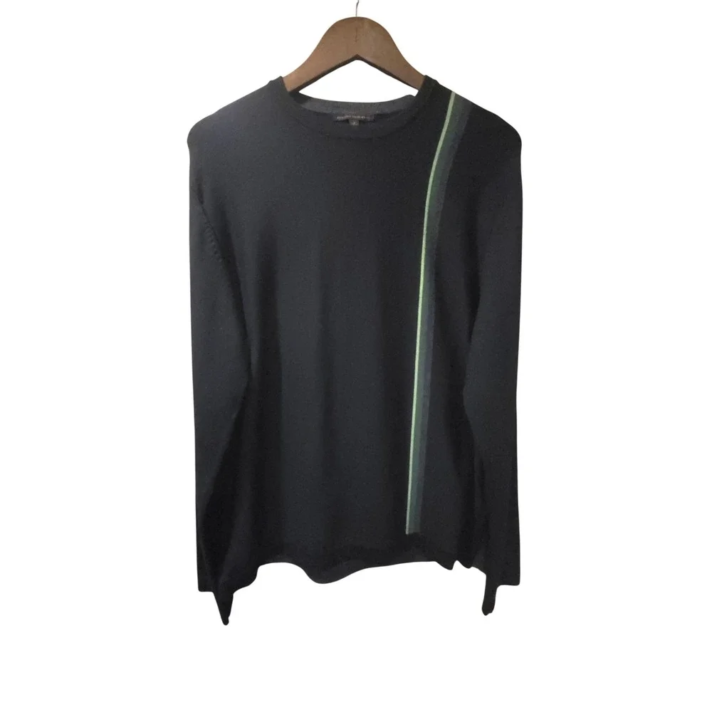Banana Republic Mens Black Merino Wool Racing Stripe Crewneck Sweater L EUC